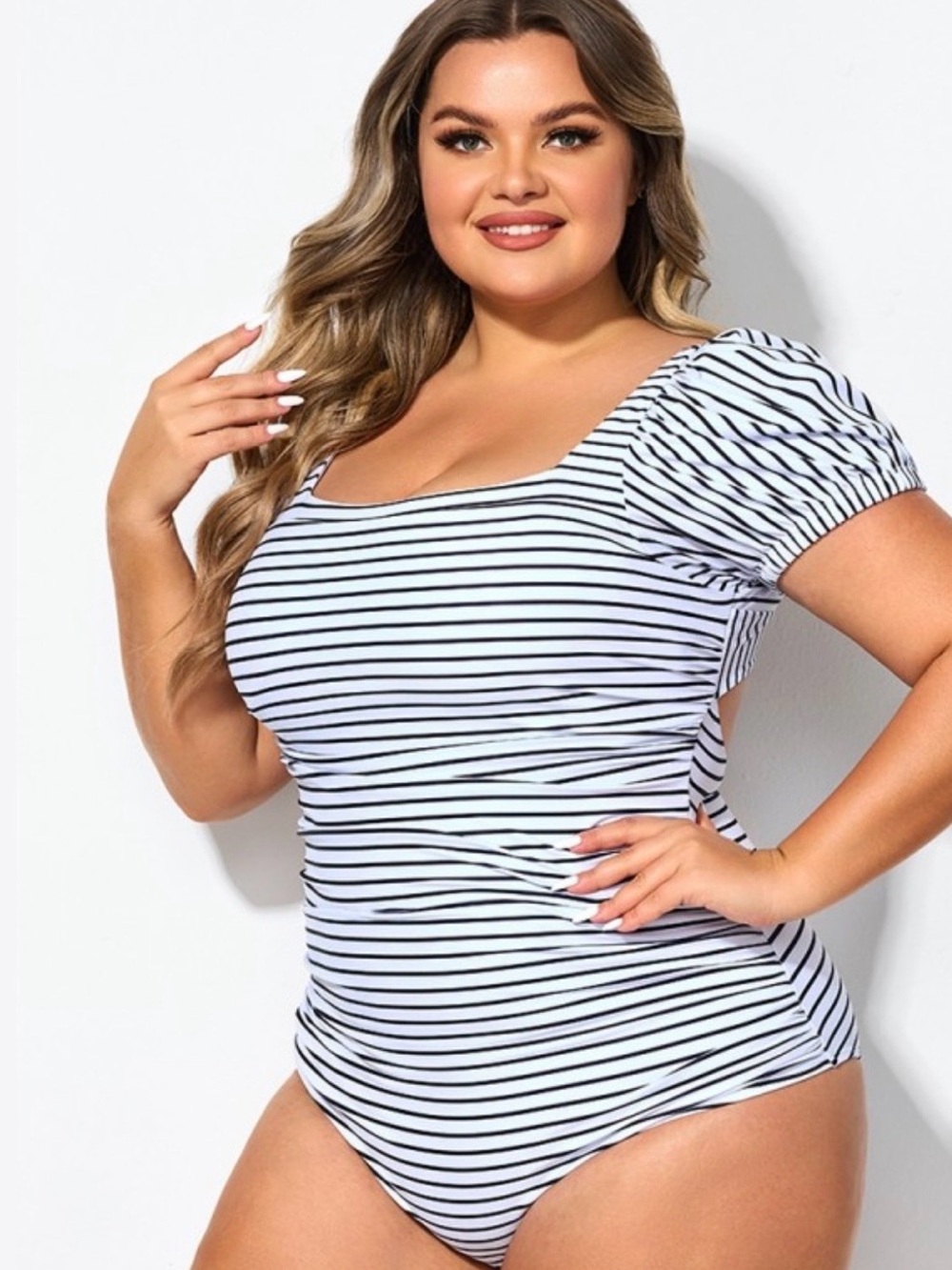 Plus Size Black & White Striped One-Piece Swimsuit